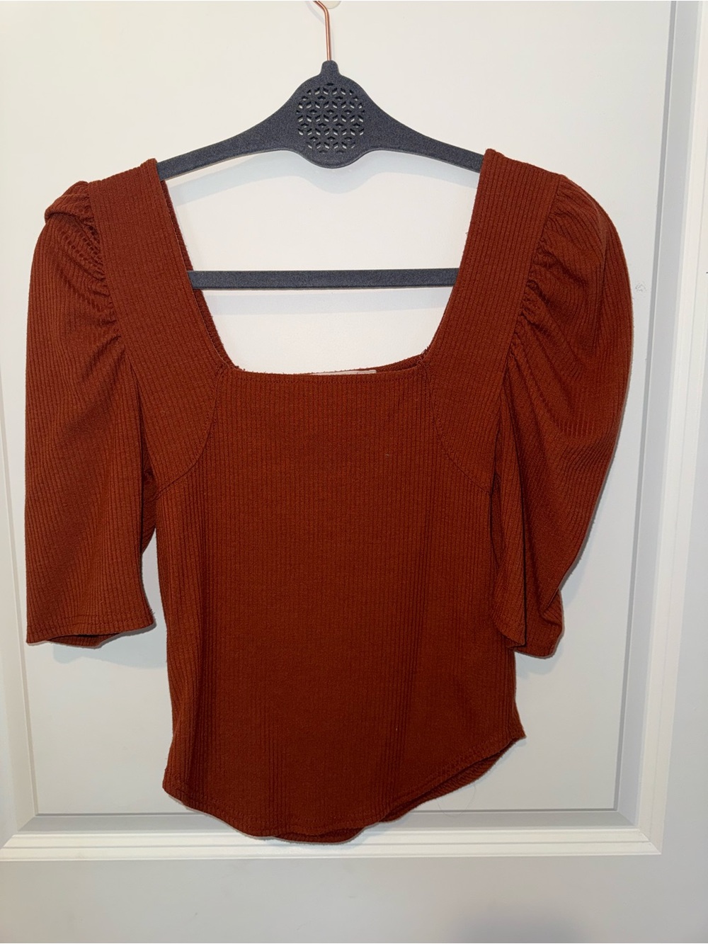 We The Free Ribbed Square-Neck Puff Sleeve Top — Rust Brown